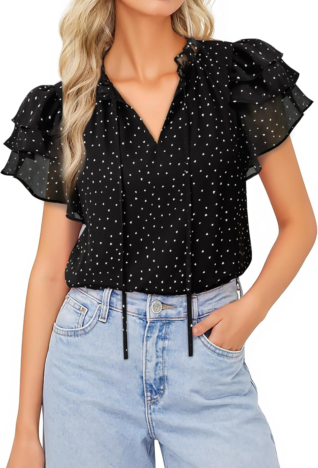 Summer Chiffon Dressy Casual Blouses Elegant Ruffle Short Sleeve Work Tops for Women Trendy