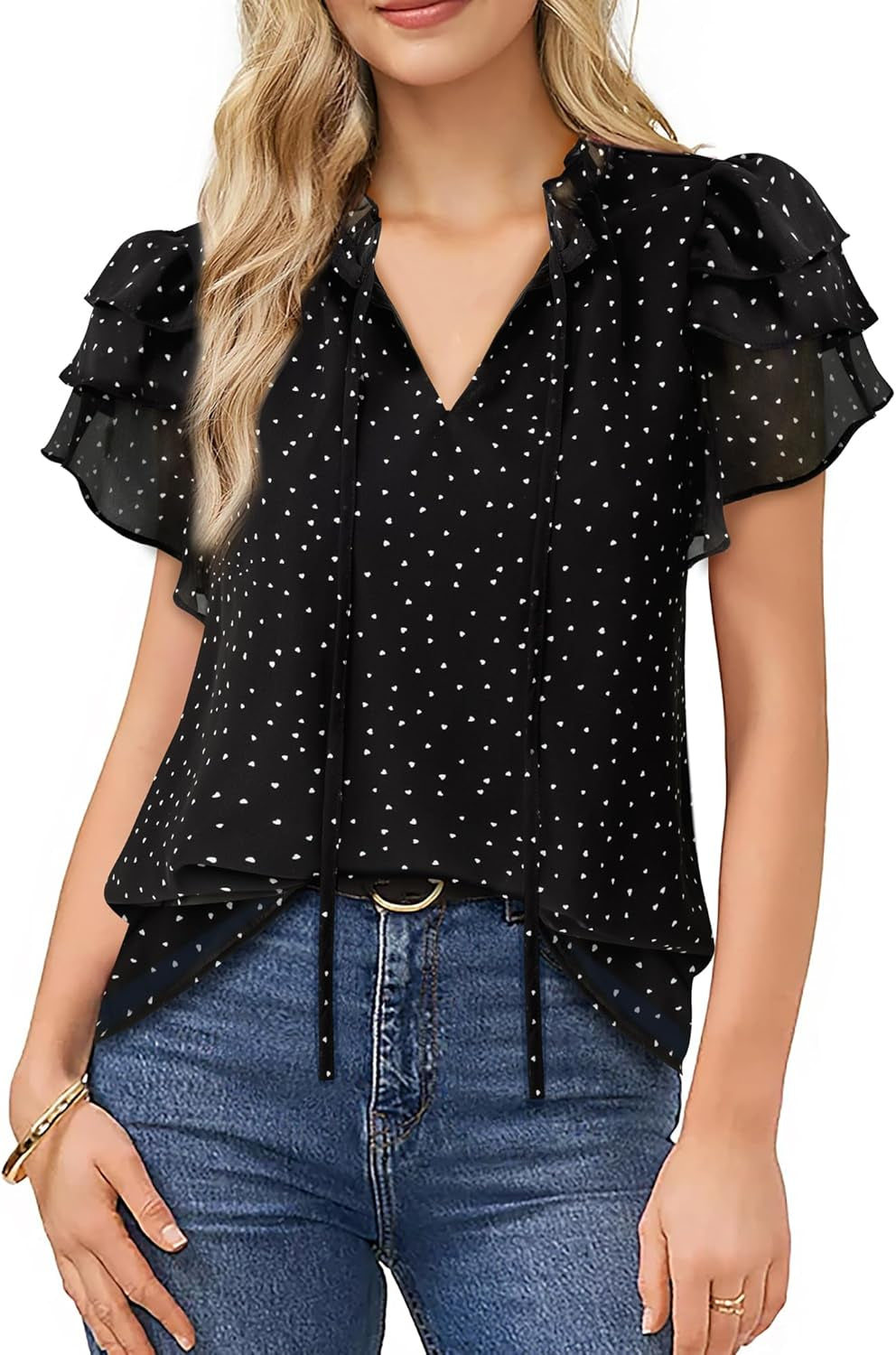 Summer Chiffon Dressy Casual Blouses Elegant Ruffle Short Sleeve Work Tops for Women Trendy
