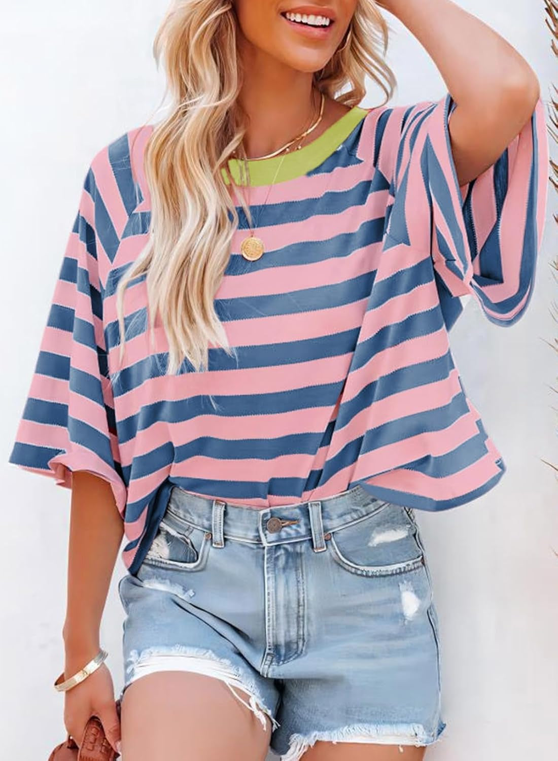 Tops for Women Striped 2025 Fashion T Shirts for Women Color Block Crewneck Design Loose Basic Tee