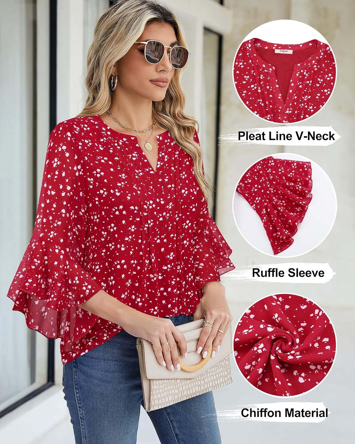 Women'S 3/4 Sleeve Tops Dressy Casual Business Work Blouses Chiffon Office Shirts