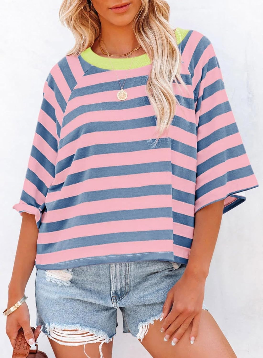 Tops for Women Striped 2025 Fashion T Shirts for Women Color Block Crewneck Design Loose Basic Tee
