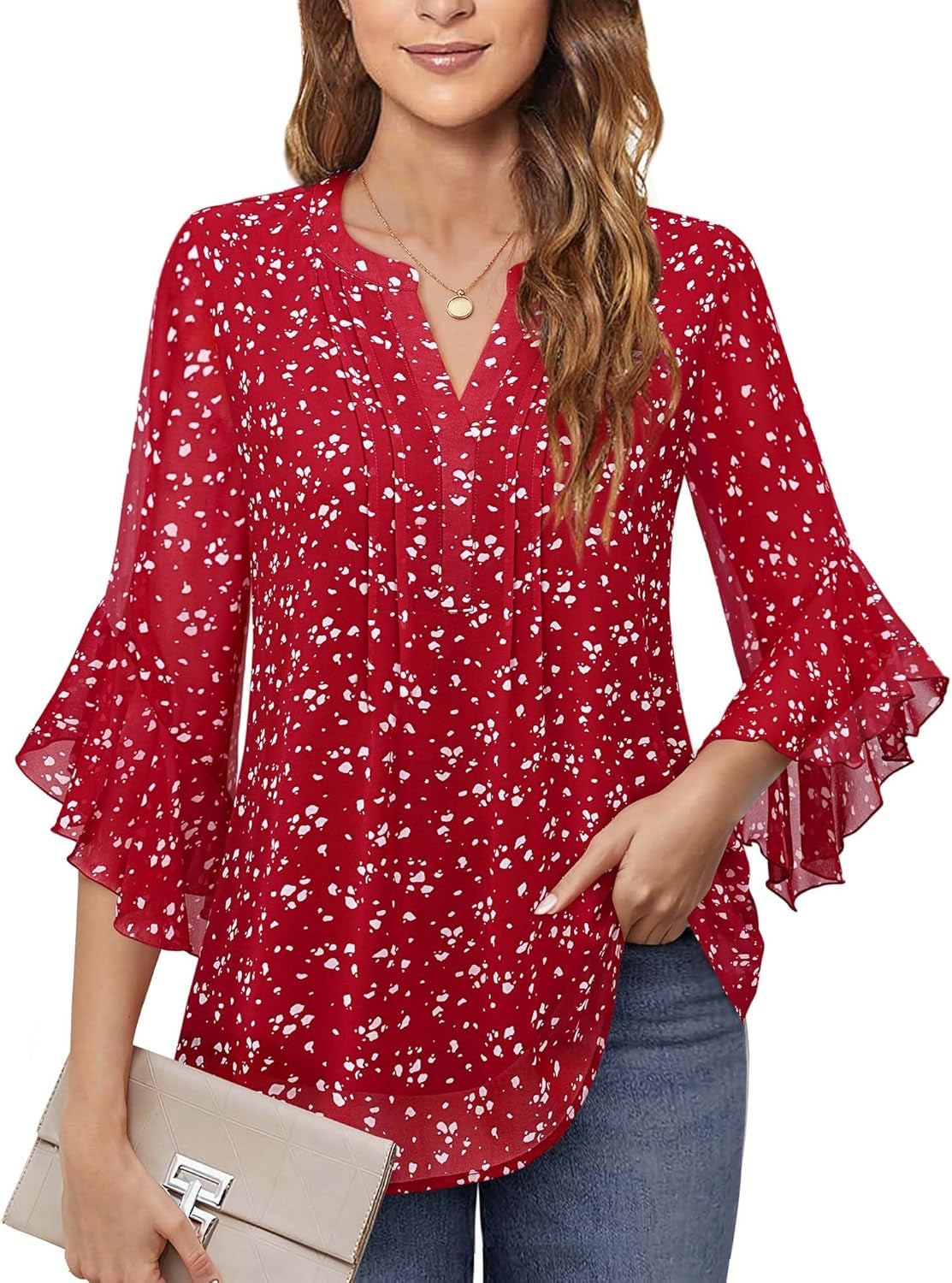 Women'S 3/4 Sleeve Tops Dressy Casual Business Work Blouses Chiffon Office Shirts