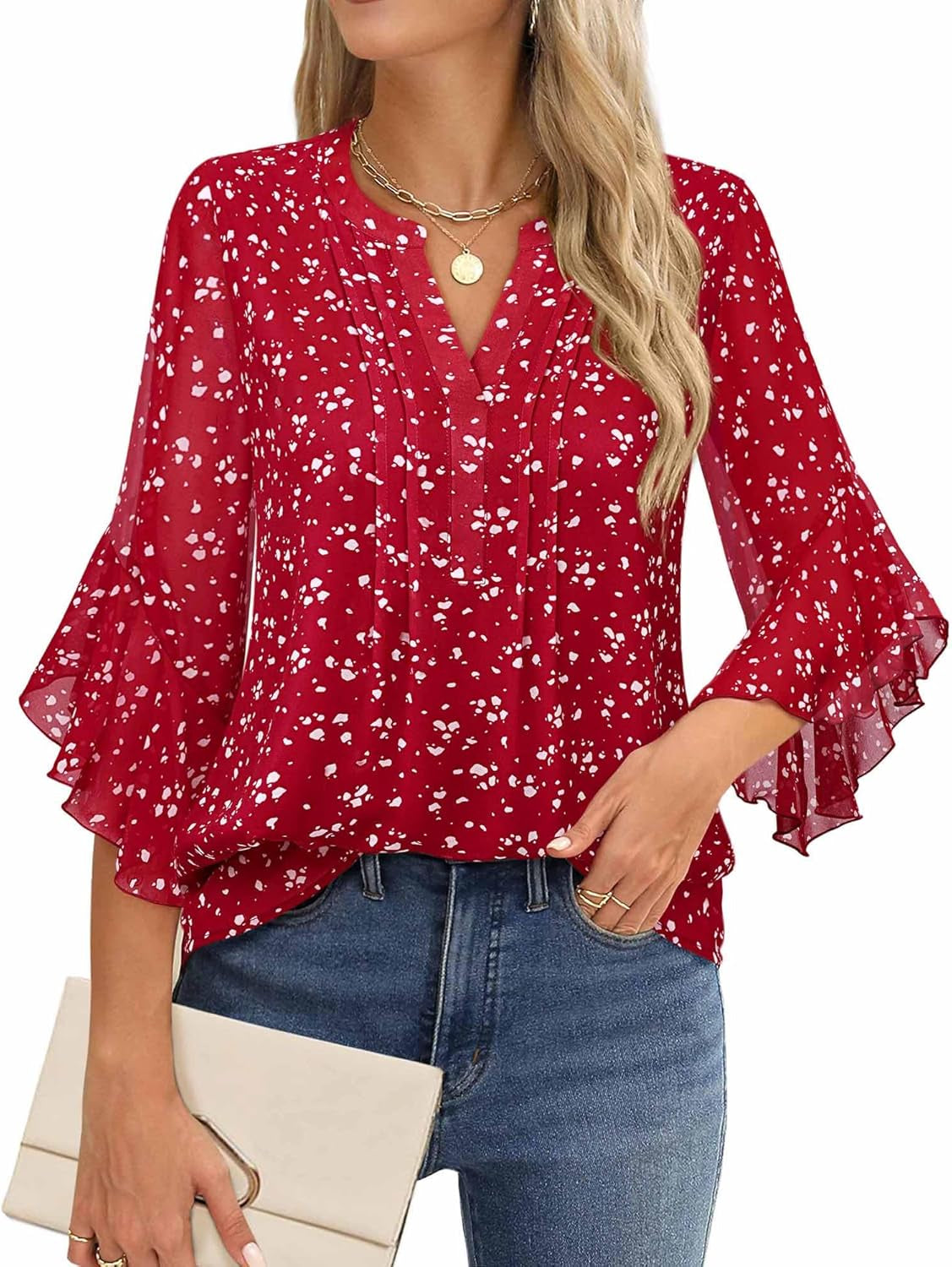 Women'S 3/4 Sleeve Tops Dressy Casual Business Work Blouses Chiffon Office Shirts