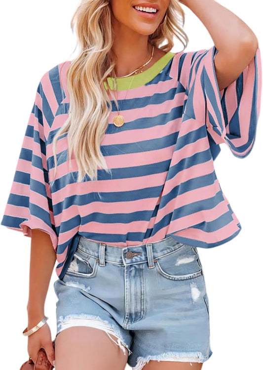 Tops for Women Striped 2025 Fashion T Shirts for Women Color Block Crewneck Design Loose Basic Tee