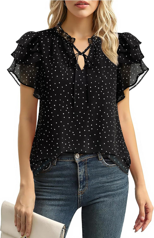 Summer Chiffon Dressy Casual Blouses Elegant Ruffle Short Sleeve Work Tops for Women Trendy